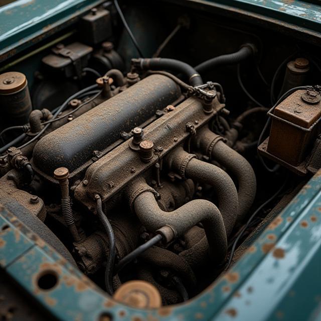 Dirty engine bay before cleaning