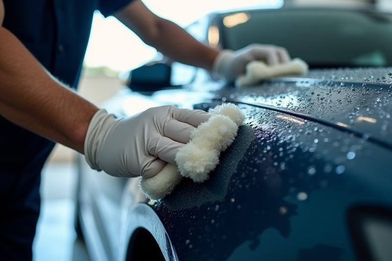 Technician hand-drying a sedan